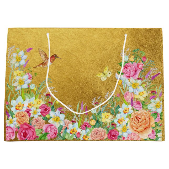 Opulence Gold Floral Hummingbird Gift Bag Große Geschenktüte (Vorderseite)