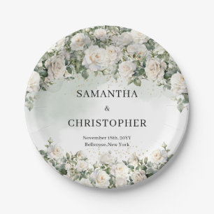 Opulent Aquarell Weißrosen Grüne Goldhochzeit Pappteller