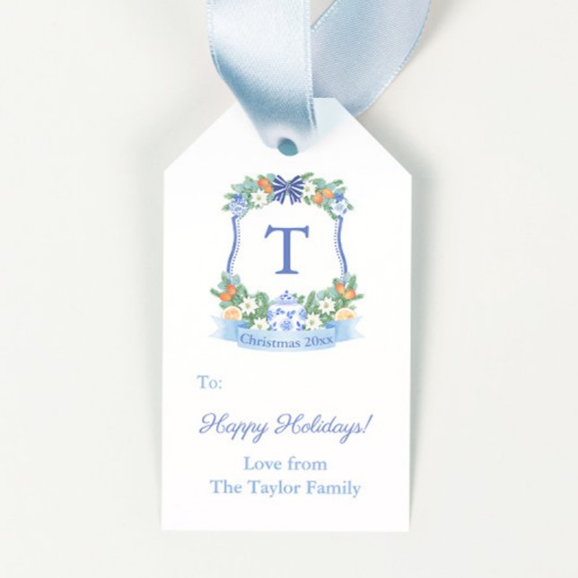 Opulent Blue White Citrus Wreath Happy Holidays Geschenkanhänger (Blue and white chinoiserie monogram crest with citrus accents merry christmas gift tags)