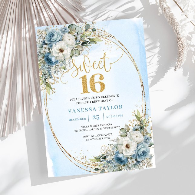 Opulent Dusty Blue Gold Sweet Sixteen Invitation Einladung (Opulent Dusty Blue Gold Sweet Sixteen Invitation)