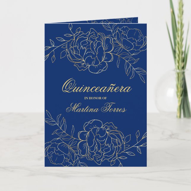 Opulent Gold und Royal Blue Floral Quinceanera Einladung (Vorderseite)
