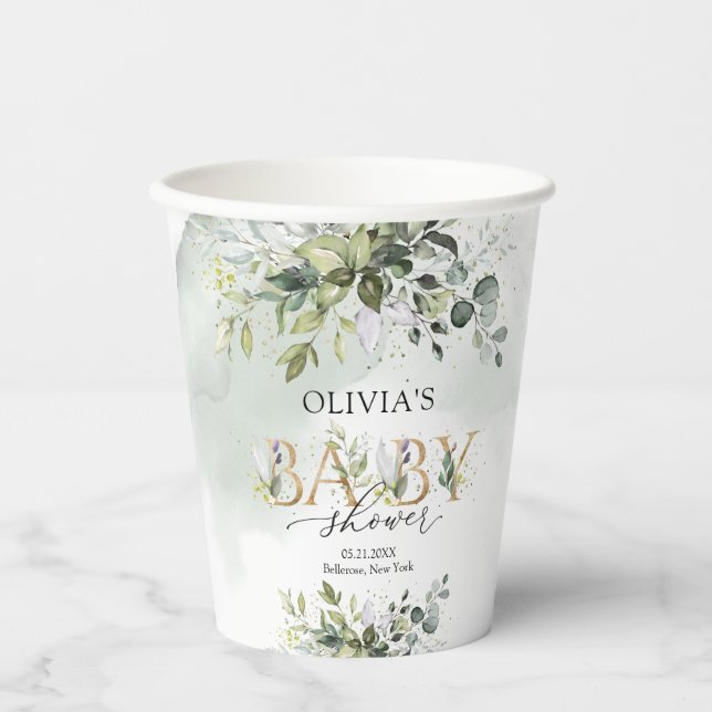 Opulent grüne Blattgold Buchstaben Baby Dusche Pappbecher (Vorderseite)