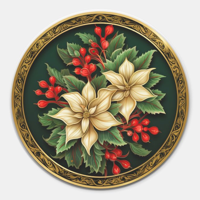 Opulent Holly und Ivy Poinsettia Runder Aufkleber (Vorderseite)