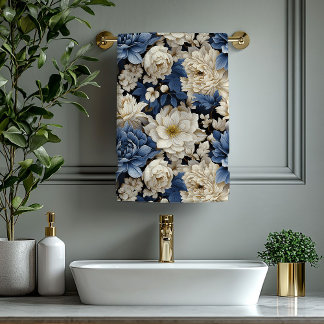 Opulent Navy Blue Ivory Gold Floral Towel