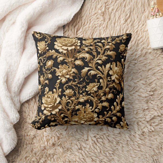 Opulent Schwarz & Gold Barock Bläserkissen Kissen (Decke)