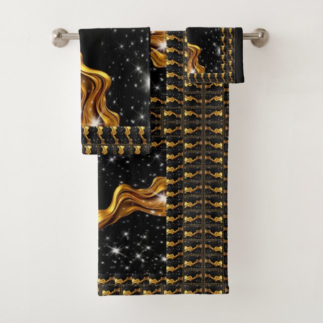 Opulent Swirl Full Liquid Gold Black Monochrome Lx Badhandtuch Set (Insitu)