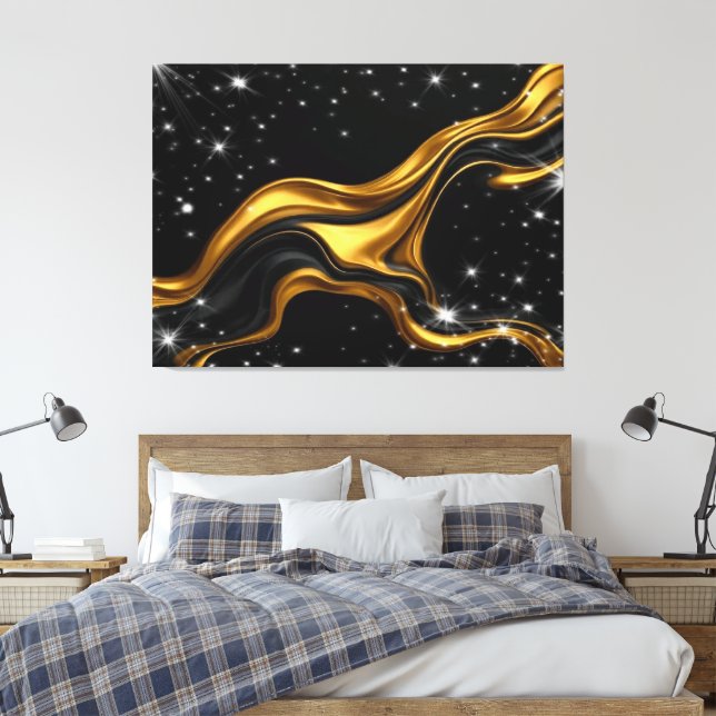 Opulent Swirl Liquid Gold Black Monochro Achempong Leinwanddruck (Insitu (Schlafzimmer))