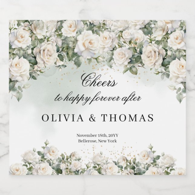 Opulente Aquarellblume mit weißem Rosengrün Alkoholflaschenetikett (Einzelnes Label)