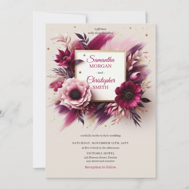 Opulente Bordeaux-Blume und Goldrahmen-Hochzeit Einladung (Vorderseite)