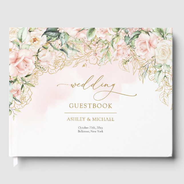 Opulente hellrosa Rose Goldhochzeit Gästebuch (Vorderseite)