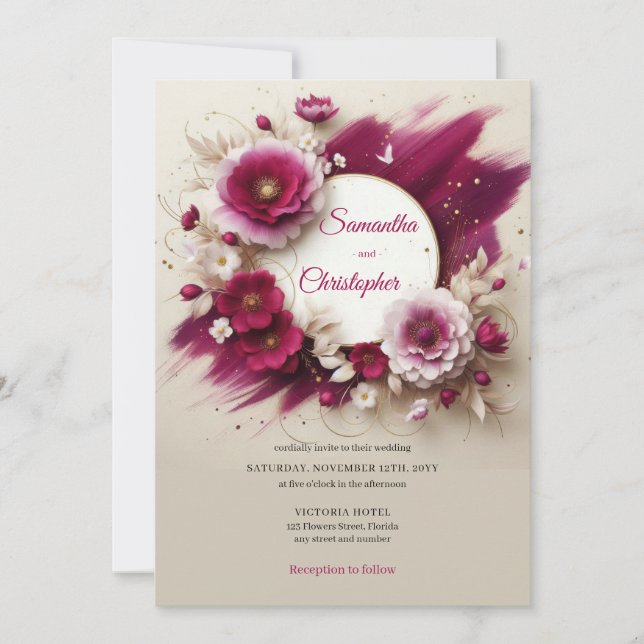 Opulente Magenta-Blume und Goldrahmen-Hochzeit Einladung (Vorderseite)