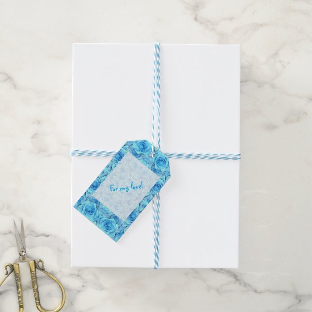 Opulente Rose in türkisfarbenen Geschenketiketten Geschenkanhänger (Mit Garn)