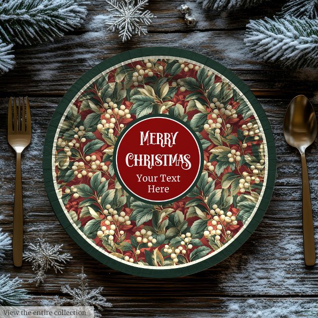 Opulente Weihnachtsbeeren-Grünpflanzen gedämpft Pappteller (Opulent Christmas holly berries greenery muted Paper Plates)