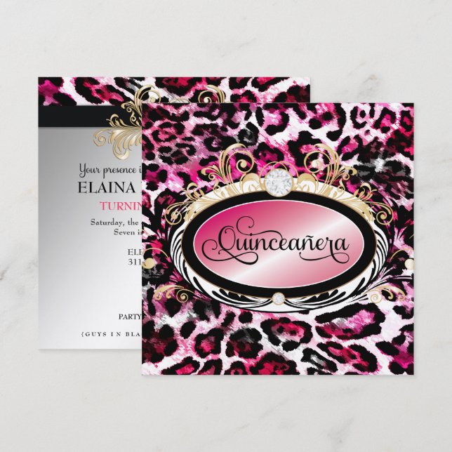 Opulenter roter rosa Leopard-metallisches Papier Einladung (Vorne/Hinten)