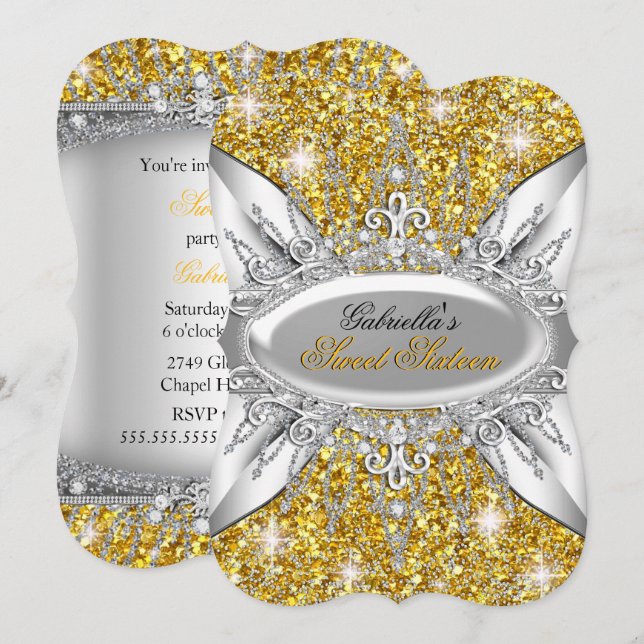 Or Argent étincelle Diamond Sweet 16 Invitation (Devant / Derrière)
