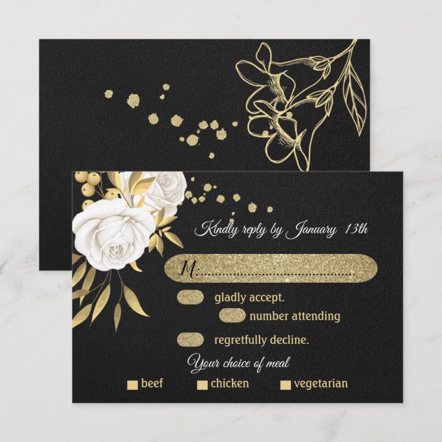 or blanc floral noir choix de repas RSVP carte (Devant / Derrière)