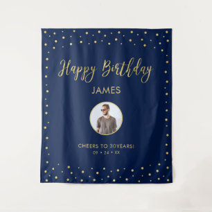 Or & Bleu Joyeux Anniversaire Tapisserie Photo