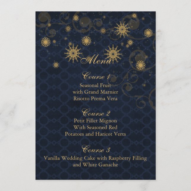 or bleu Snowflakes Carte menu mariage hiver (Devant)
