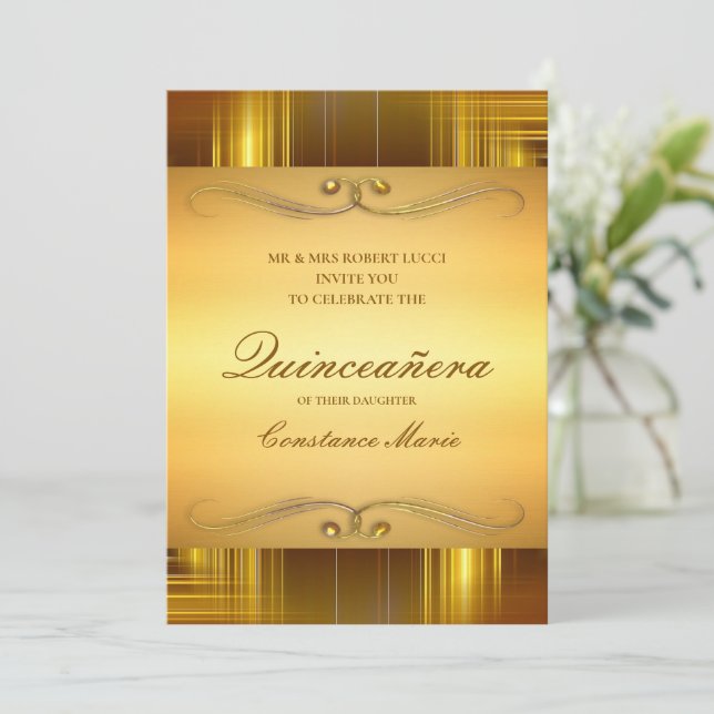 Or élégant sur Gold Quinceanera Invitation (Debout devant)