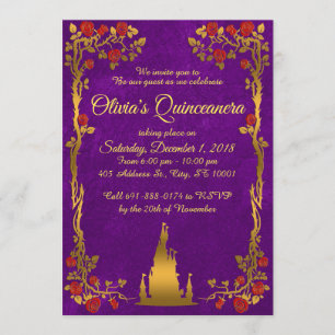 Or et invitation pourpre de Quinceanera de conte