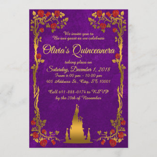 Or et invitation pourpre de Quinceanera de conte