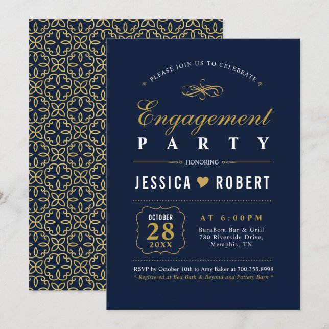 Or et marine | Elegant Engagement Party Invitation (Devant / Derrière)