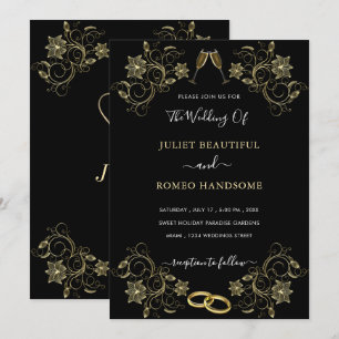 Or Floral noir Faire-part de mariage or