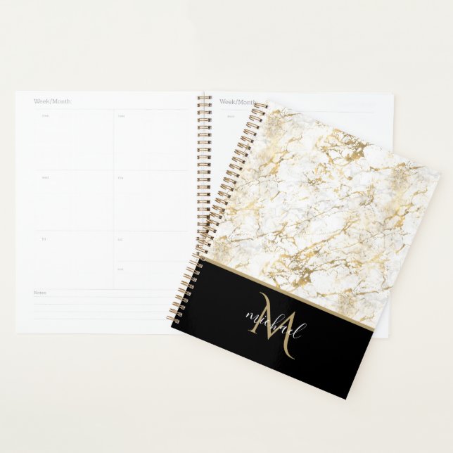 Or & Marbre blanc avec Monogramme noir Luxe (Devant avec enveloppe)