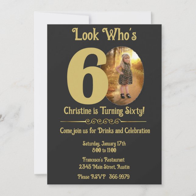Or sur noir avec photo 60th Birthday Invitation (Devant)