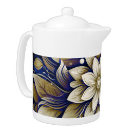 Or sur théière Florale Bleue