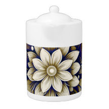 Or sur théière Florale Bleue
