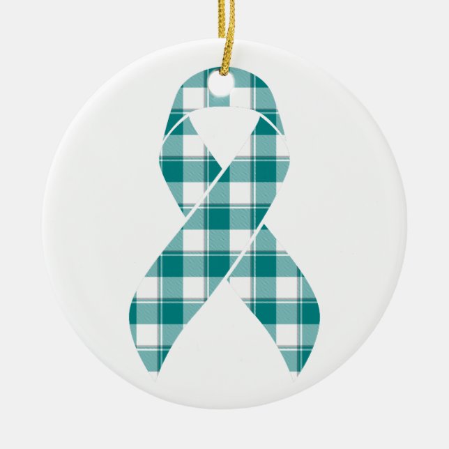 Oral Cancer Awareness Plaid Teal Ribbon Keramik Ornament (Vorne)