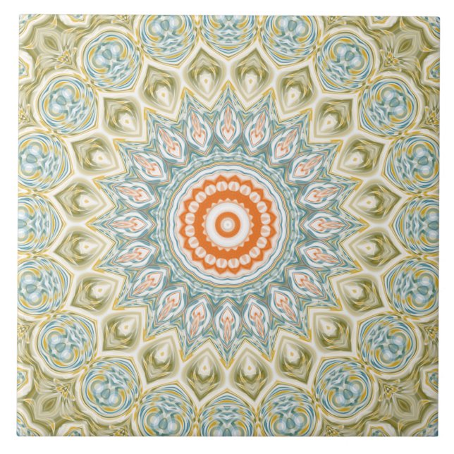 Oranes und Aquamarines Mandala-Muster mit Goldakze Fliese (Vorderseite)