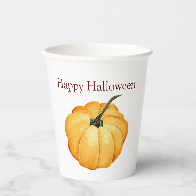 Orang Kürbis Aquarellfarbe Glückliches Halloween. Pappbecher (Vorderseite)
