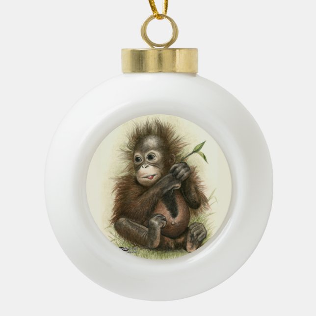 Orang-Utan Baby mit Blätter Keramik Kugel-Ornament (Vorderseite)