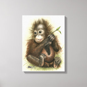 Orang-Utan-Baby mit Blättern Leinwanddruck
