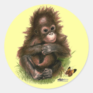 Orang-Utan-Baby und Schmetterling Runder Aufkleber