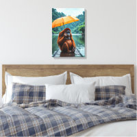 Orang-Utan mit orangefarbenem Regenschirm