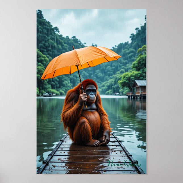 Orang-Utan mit orangefarbenem Regenschirm Poster (Vorne)