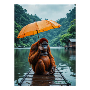 Orang-Utan mit orangefarbenem Regenschirm Poster