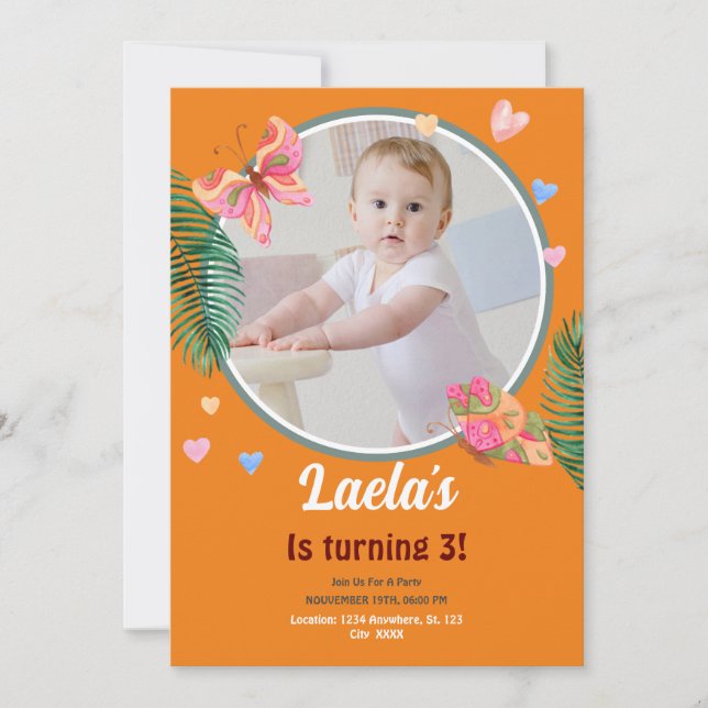Orange1er Anniversaire Papillon Invitation avec ph (Devant)