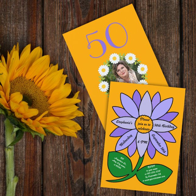 Orange 50. Geburtstag Einfache Lila Sonnenblume Einladung (Von Creator hochgeladen)