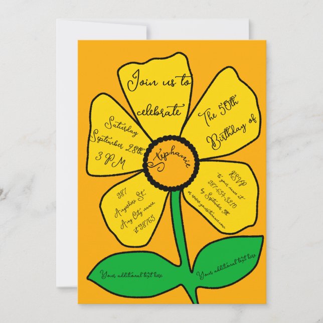 Orange 50th Birthday Gold Doodle Flower  Einladung (Vorderseite)
