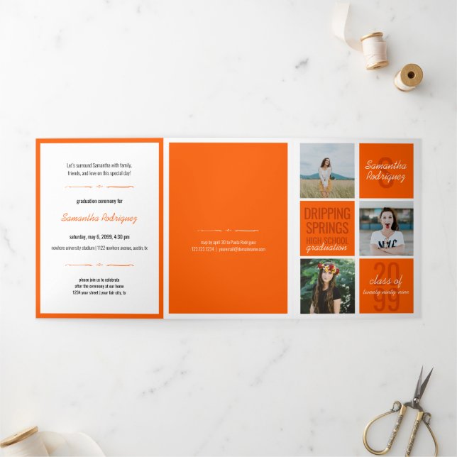 Orange 5-Foto Fun Boxes Abschluss Dreifach Gefaltete Einladung (Außenbereich)