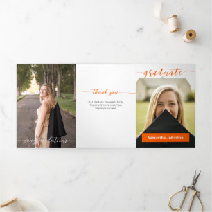 Orange Absolventenskript Modern Drei Foto Dreifach Gefaltete Einladung