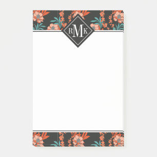 Orange abstraktes Blumenmuster des Monogramm- Post-it Klebezettel