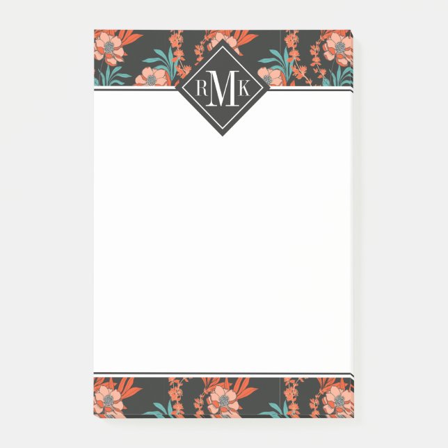 Orange abstraktes Blumenmuster des Monogramm-| Post-it Klebezettel (Vorderseite)