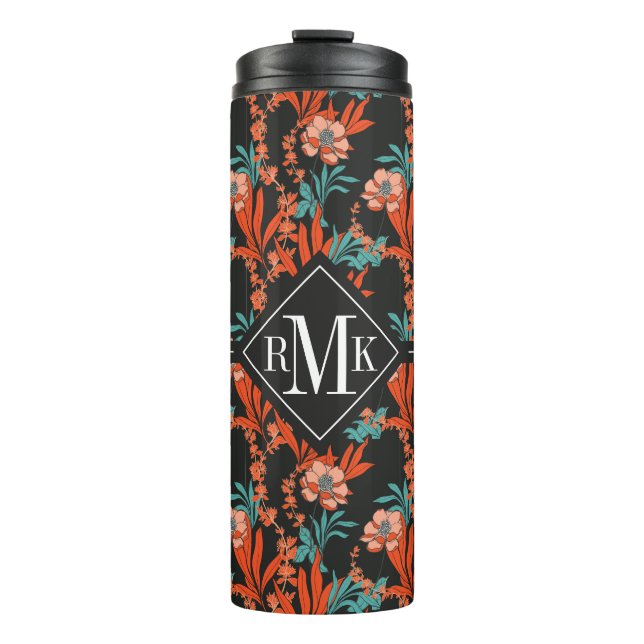 Orange abstraktes Blumenmuster des Monogramm-| Thermosbecher (Vorderseite)