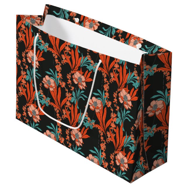Orange abstraktes Blumenmuster Große Geschenktüte (Vorderseite Schrägansicht)