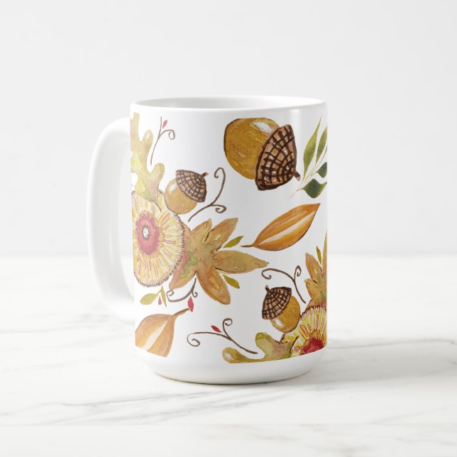 Orange Acorn Fall Stimmung Aquarellbilder Kaffeetasse (Vorderseite Links)